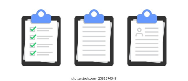 Checklist with task icon. Checklist symbol. Document test signs. Complete work on the board symbols. CV icons. Business form. Flat color. Vector isolated sign.