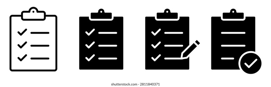 Checklist Task Icon Symbol Set. check list icons with check marks, lines, clipboard, and task symbols for planning, approval, review, and productivity visuals	