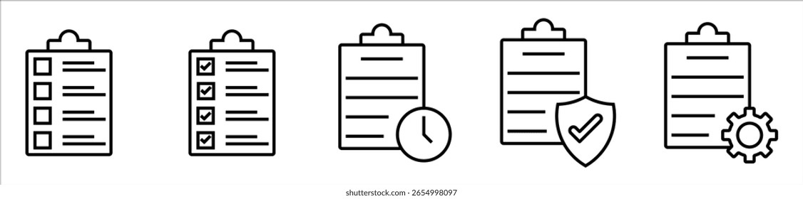 Checklist and Task Management Icons — Document, Time, Security, and Settings Symbols