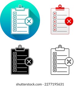 Checklist Task Reject Deny Disapproval Finance Icon, Set of Flat Long Shadow, Black-White Silhouette, Line Art Logo Icon Symbol Isolated on White Background