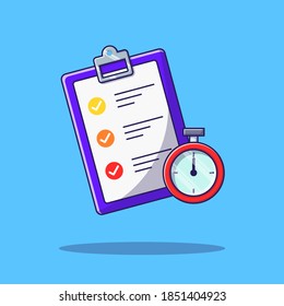 Checklist with task and time performance for business people flat style cartoon illustration. The business concept icon isolated. Plan, strategy, success, efficiency, and management.