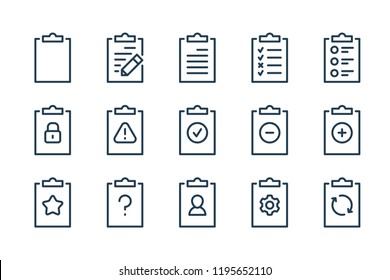 Checklist and taskboard related line icons. Clipboard, review and survey document vector linear icon set.