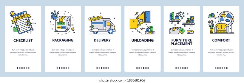 Checklist, tasks organizer, daily planner. Packaging, delivery, furniture placement. Mobile app screens. Vector banner template for website and mobile development. Web site design illustration.