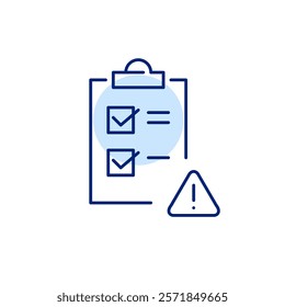 Checklist with tasks ticked off and hazard alert. Exclamation mark in triangle. Secure to-do notification, urgent attention required. Pixel perfect, editable stroke icon