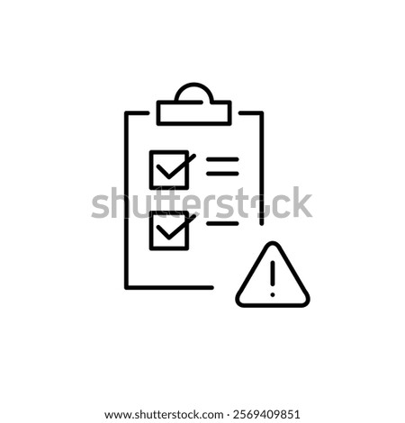 Checklist with tasks ticked off and hazard alert. Exclamation mark in triangle. Secure to-do notification, urgent attention required. Pixel perfect vector icon