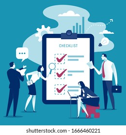 Checklist. Team of four office workers and checklist vector illustration