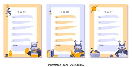 Checklist templates decorated with owls: owl cooks food, owl reads a book, owl knits a scarf. Paper for note. Vector illustration in cartoon style