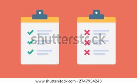 Checklist test survey form on clipboard icons flat cartoon simple minimal drawn illustration set, evaluation assessment failure and success exam reports, questionnaire audit inspection sings