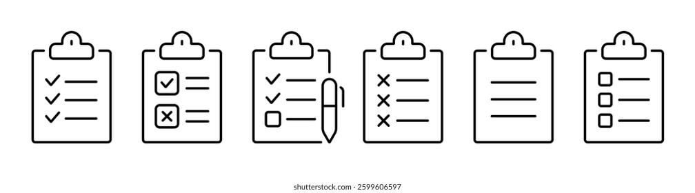 Checklist thin line icons set. Clipboard, checkmark, document, survey, checkbox icon. Editable stroke. Vector