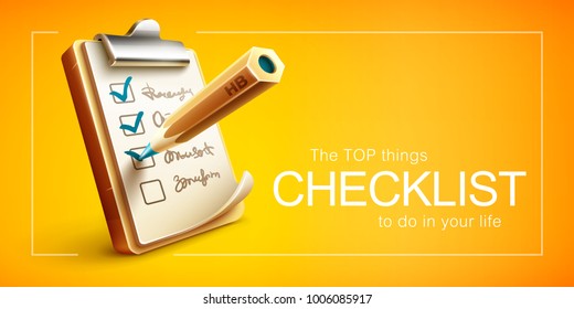 Checklist things to do on clipboard with paper sheet and pencil drawing ticks checking selection marks. Eps10 vector illustration.