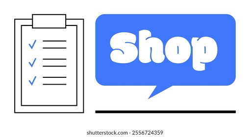 A checklist with three blue checkmarks is shown next to a blue speech bubble with the word Shop inside. Ideal for business planning, shopping, customer service, retail strategies, and marketing