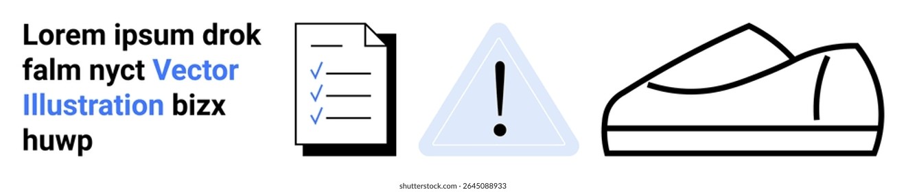 Checklist with three check marks, triangular warning icon with exclamation mark, and casual shoe silhouette. Ideal for website design, instruction manuals, safety guidelines, fashion websites, task