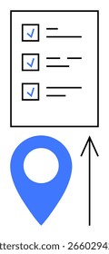Checklist with three items, each having a check mark, above a blue location pin and upward arrow. Ideal for project management, planning, tracking progress, to-do lists, workflow organization