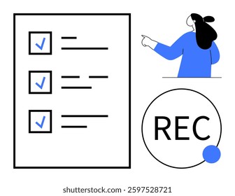 A checklist with three items on the left has blue checkmarks. On the right a person is pointing while standing behind a desk and nearby is a recording button with REC text and blue dot. Ideal for