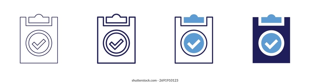 Icono de tick de lista de verificación en 4 estilos diferentes. Línea delgada, línea, línea en negrita, duotono. Estilo duotono. Trazo editable.