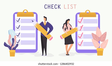 Checklist with a tick mark. A man and woman holds a pencil and stay near giant clipboard. Successful business concept. Vector illustration
