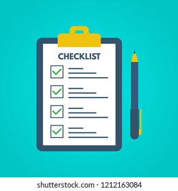 Checklist with tick marks in a flat style. Questionnaire on a clipboard paper. Successful completion of business tasks. Checklist, tasks, to-do list, survey, exam concepts. Vector illustration.