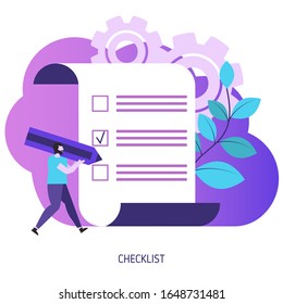 Checklist with tick marks. Man holding pencil. Vector illustration.