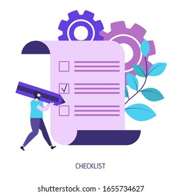 Checklist with tick marks. Man holding pencil. Vector illustration.