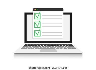 Checklist and Tick on Laptop Screen Icon. Check Mark Browser Window and Choice, Survey Concepts Vector Design on White Background.
