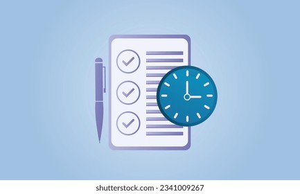 Lista de comprobación de tiempo, icono. Ordenar la ilustración vectorial del formulario. Portapapeles y reloj.en fondo azul.Ilustración de diseño vectorial.