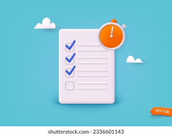 Checklist. Time management concept planning, organization, working time. Time organization efficiency. 3D Web Vector Illustration.