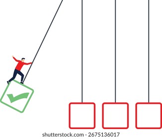 Checklist or to-do list to finish work, task completion or project management, plan or work progress checklist, checkbox or workflow concept, businessman holding completed checkbox to impact pendulum.