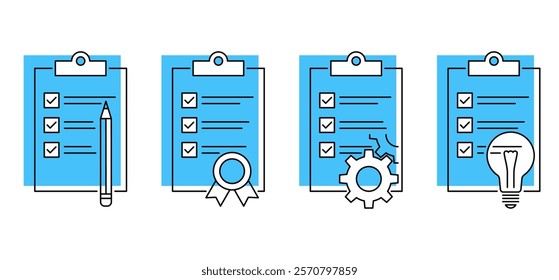 Checklist or to-do list icons set - document with gear, lightbulb, pencil or guarantee seal. Pictograms in thin line and blue background