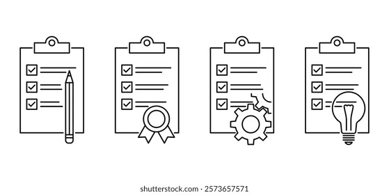 Checklist or to-do list icons set - document with gear, lightbulb, pencil or guarantee seal. Pictograms in thin line