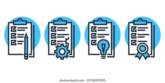 Checklist or to-do list icons set - document with gear, lightbulb, pencil or guarantee seal. Pictograms in bold line with blue background