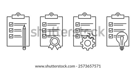 Checklist or to-do list icons set - document with gear, lightbulb, pencil or guarantee seal. Pictograms in thin line