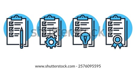 Checklist or to-do list icons set - document with gear, lightbulb, pencil or guarantee seal. Pictograms in bold line with blue background