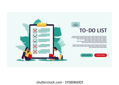 Checklist, to-do list. Landing page. List or notepad concept. Business idea, planning or coffee break. Vector illustration. Flat style.