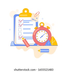 Lista de comprobación, ilustración vectorial de lista de tareas pendientes. Concepto de lista o anotación. Suministros de oficina cercanos. Hojas grandes decorativas. Idea empresarial, planificación. Alarma