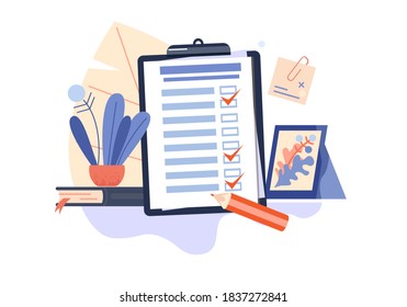 Checklist, to-do list vector illustration. List or notepad concept. Near office supplies. Decorative large leaves. Business idea, planning. Cock or alarm