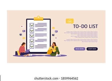 Checklist, to-do list vector illustration. Landing page. List or notepad concept. Business idea, planning or coffee break. Vector illustration. Flat style.