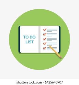 Checklist, todo-list document with pencil on green background. Flat style vector illustration. 