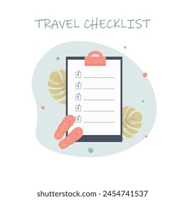 Checklist for travel and tourism. Vacation and weekend planning, with pink flip flops and monstera leaves, with a blue background. Flat vector illustration eps 10.