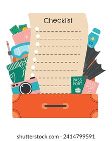 Checklist for travel. Vector illustration of a suitcase with travel items, documents, tickets, fins and snorkel mask. Checklist template