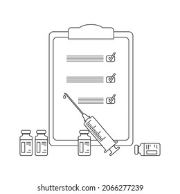 A checklist and two doses of a pandemic medicine. Vaccine against coronavirus COVID-19. Syringe with a needle. Black linear outline icon. Vector.