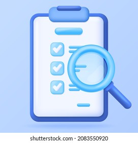 Checklist under a magnifying glass. Execution of business tasks. 3D vector illustration.