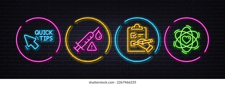 Checklist, Vaccine attention and Quick tips minimal line icons. Neon laser 3d lights. Atom icons. For web, application, printing. Questioning clipboard, Vaccination warning, Helpful tricks. Vector