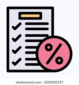 Icono de Vector de lista de verificación, lista de descuentos, ícono de lista de ventas. Icono de Vector de color lineal aislado.