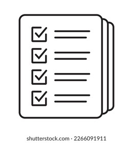 Icono de vector de lista de verificación en estilo de arte de línea. Icono de documento, icono de cuestionario.