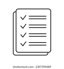 Icono de vector de lista de verificación en estilo de arte de línea. Icono de documento, icono de cuestionario. Icono de vector de documento de texto, elemento de diseño.