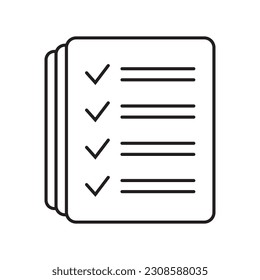 Icono de vector de lista de verificación en estilo de arte de línea. Icono de documento, icono de cuestionario. Icono de vector de documento de texto, elemento de diseño.