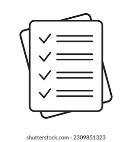 Icono de vector de lista de verificación en estilo de arte de línea. Icono de documento, icono de cuestionario. Icono de vector de documento de texto, elemento de diseño.
