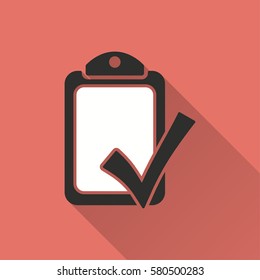 Checklist vector icon with long shadow. Illustration isolated on red background for graphic and web design.