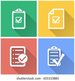 Checklist vector icon with long shadow. White illustration isolated on color background for graphic and web design.