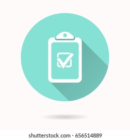 Checklist vector icon with long shadow. White illustration for graphic and web design. Circle buttons.